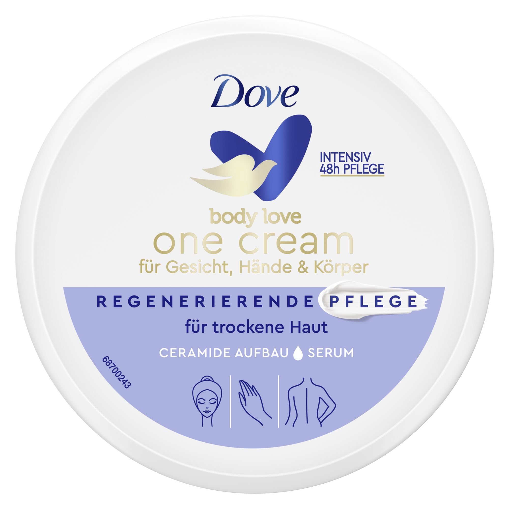 Dove Body Love One Cream Regenerierende Pflege Body Cream für Gesicht, Hände und Körper für trockene Haut 6 x 250 ml
