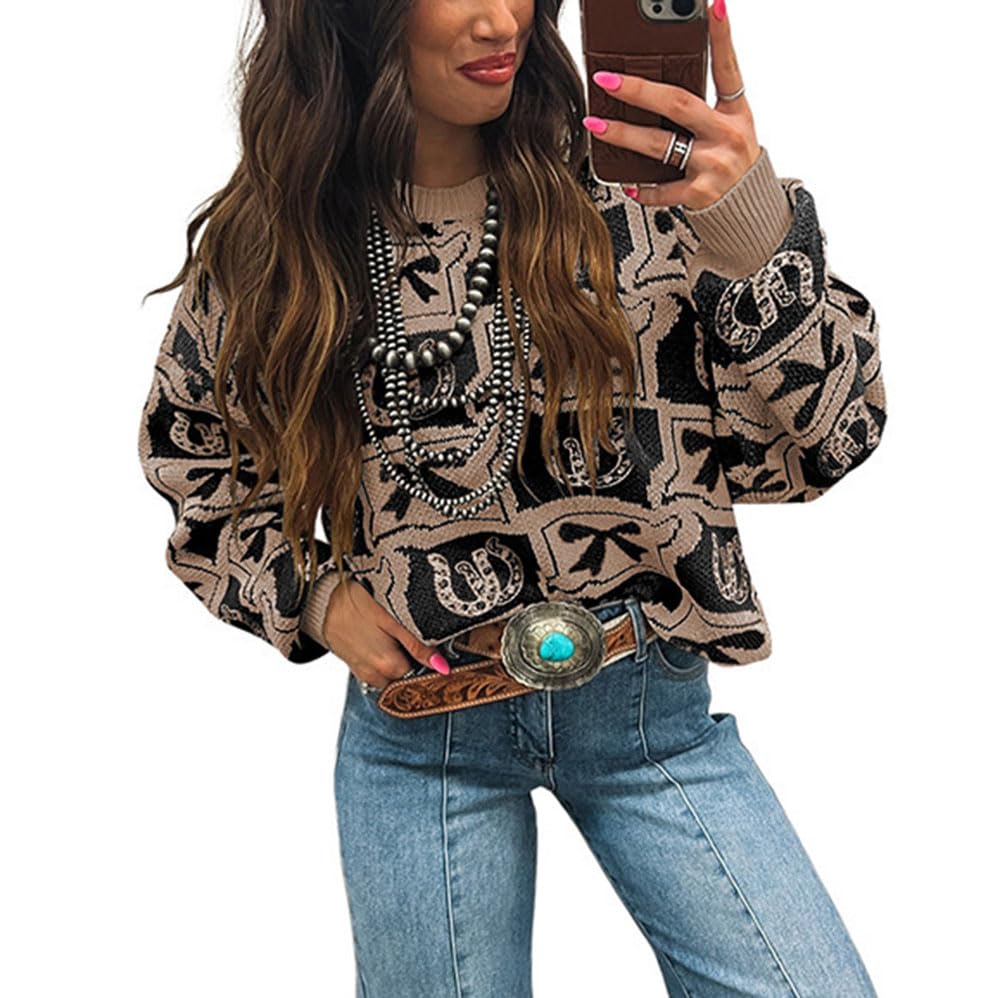 Melliflo Womens Bow Horseshoe Western Sweater Fall Winter Crew Neck Long Sleeve Pullover Sweaters Casual Loose Fit Knit