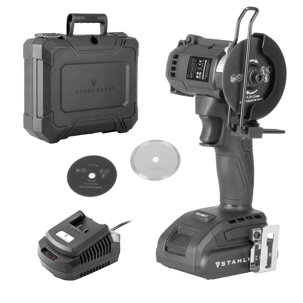 STAHLWERK Miniamoladora angular inalámbrica MAW-20 ST, batería de 2 Ah, 20.000 rpm | Potente amoladora de ángulo manual, minisierra eléctrica con tecnología sin escobillas para metal, azulejos y madera