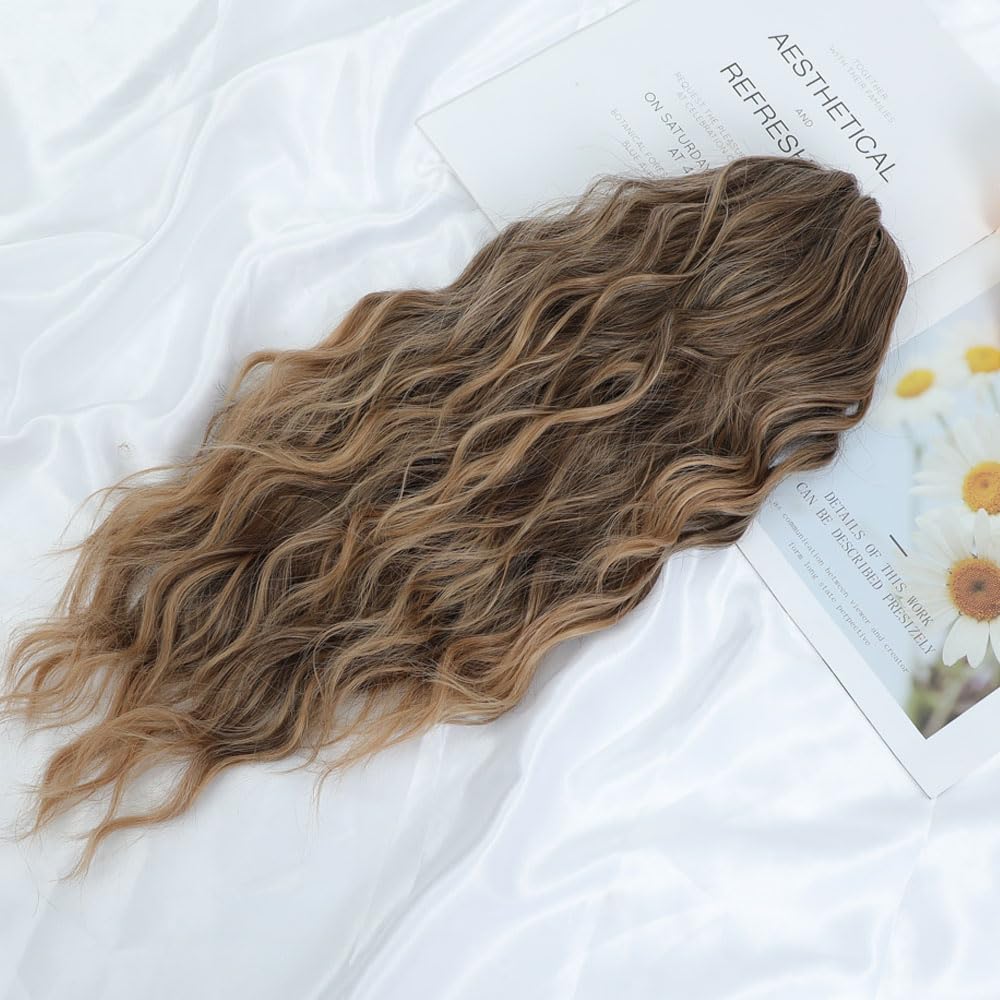 FINE PLUS Ponytail Extension Claw Clip - Curly Wave Synthetic Ponytail Hairpiece - 18inch - Rich Brown, Highlights Rich Brown, 18 Inch - Image 2