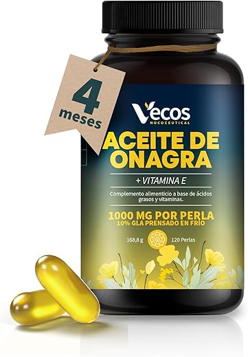 Aceite de Onagra 1000mg con 10% GLA prensado en frio y enriquecido con Vitamina E Natural - Alivia síntomas de la Menopausia - Sin Gluten ni azúcares añadidos