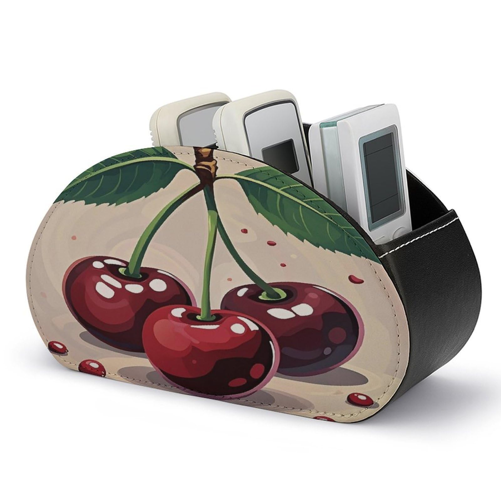 FekiLoot Leather TV Remote Control Holder with 5 Compartments Multifunctional TV Remote Holder Bedside Table Remote Caddy Storage Box Cherry Fruit Remote Organizer for Home Office
