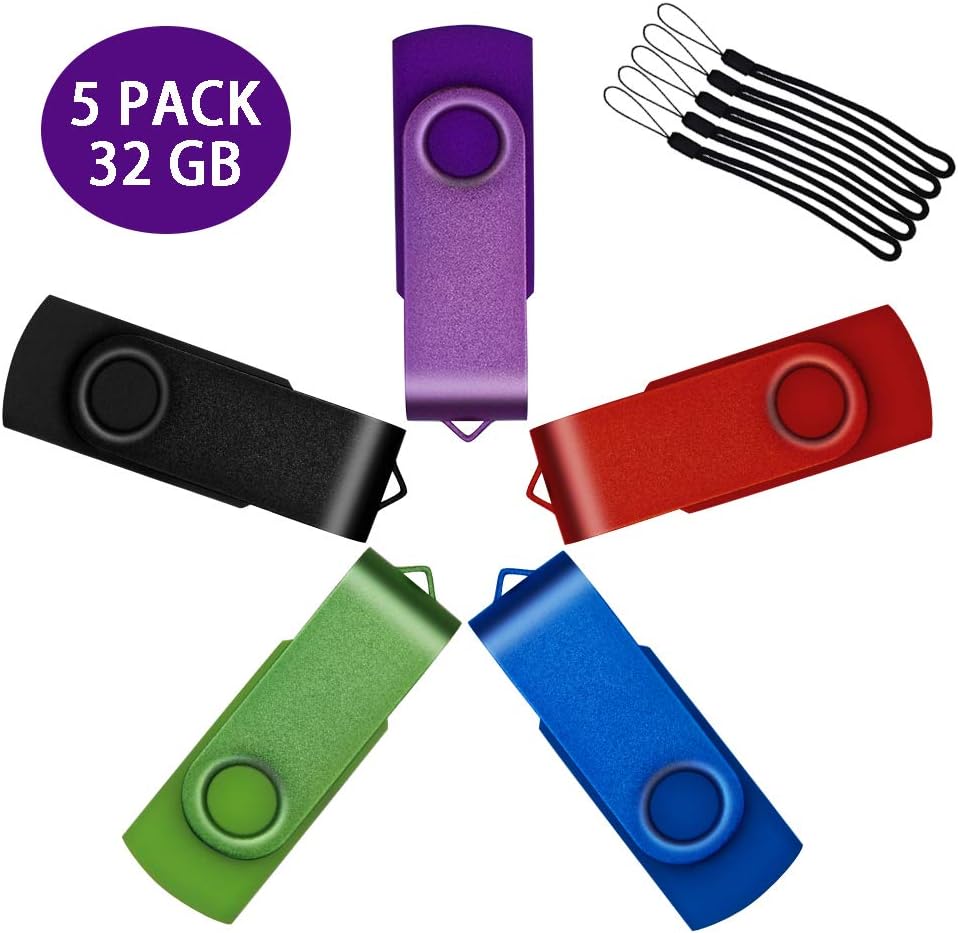 32 GB USB Flash Drive 5 Pack Memory Stick Rotating Pendrives 2.0 Portable USB Sticks Multicolor U Disk Fold Data Storage - Purple Red Blue Green Black By Uflatek
