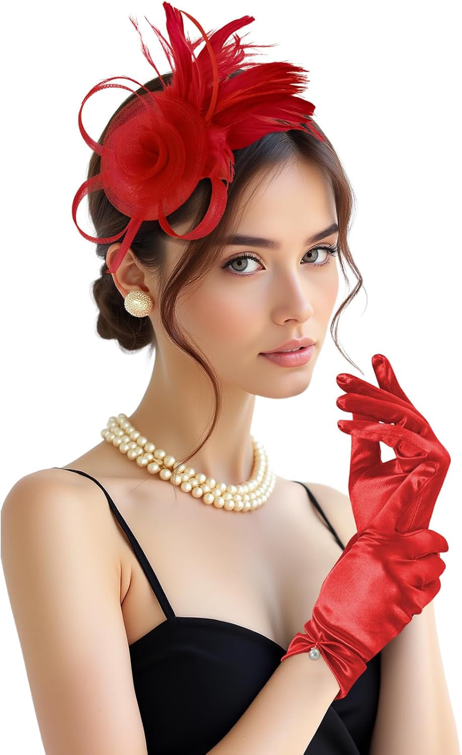 2Pcs 50s Fascinators Hats for Women Wedding Cocktail Flower Mesh Ribbons Feathers Church Tea Party Hats and Lace Glove - Image 2