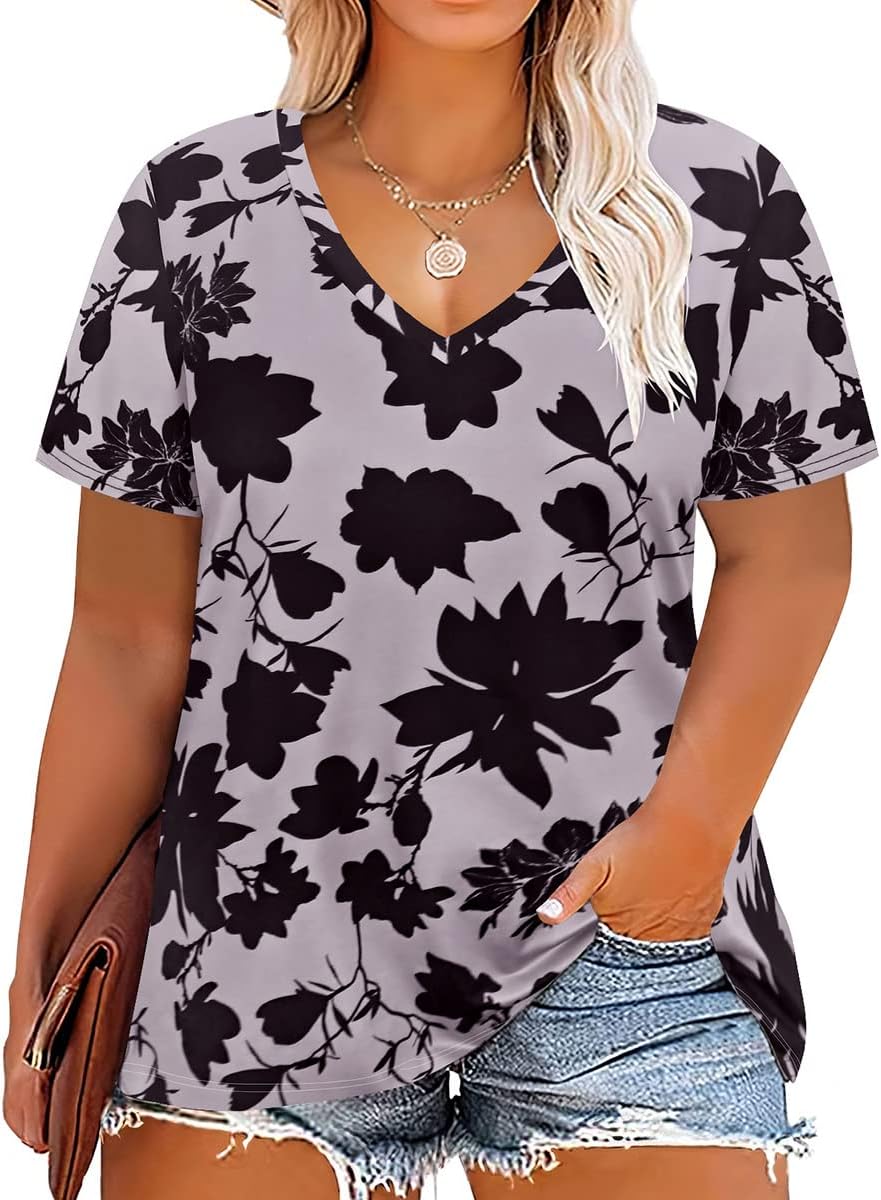 RITERA Women Plus Size Tops Tie Dye V Neck Shirt Floral Camo Summer Short Sleeve Tunic Oversized Ladies Blouse XL-5XL