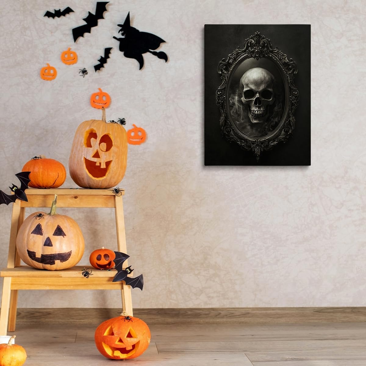 Gothic Skull Mirror Halloween Wall Art – Dark Skull in Ornate Frame with Smoke Effect, Spooky Gothic Decor for Living Room or Haunted House Wall-12x16Inch Ready to Hang(Framed)