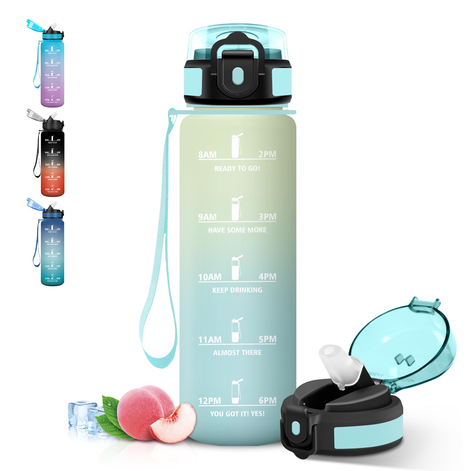 Grsta Borraccia 1 litro, Borraccie Palestra con Cannuccia, Borracce Motivazionale, A Prova di Perdite Bottiglia con Indicatore del Tempo per Ciclismo, Ufficio, Lavoro