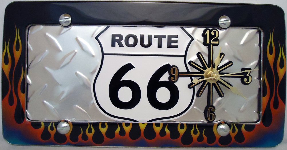 1 , Historic, Quartz Clock, on a, 'ROUTE 66, on a, DIAMOND PLATE', Metal Sign, in a, Metal, Flames, Frame,,10A3.0&29B2.4