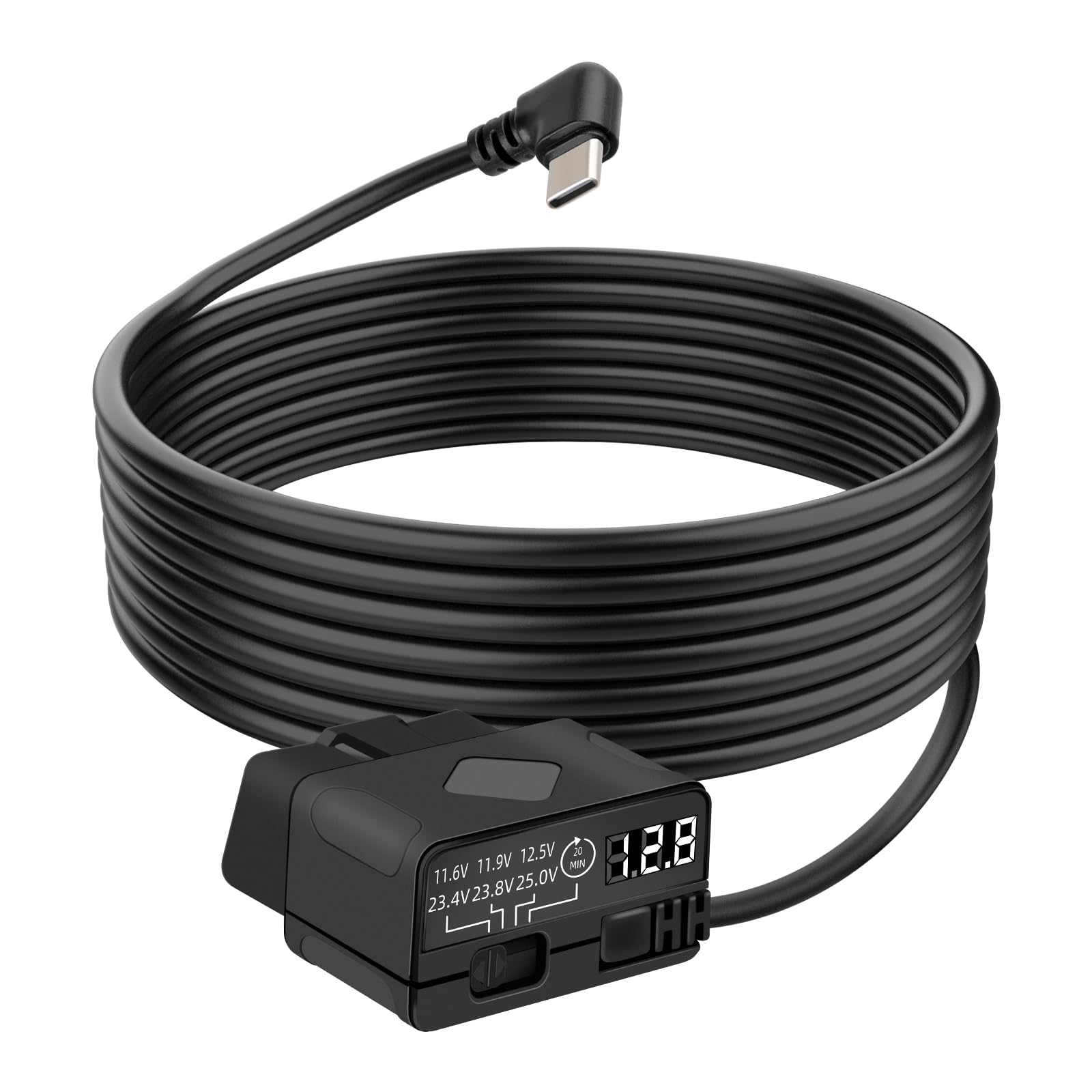 GELRHONR Kabel zasilający OBD2 na USB C do kamery samochodowej z wyświetlaczem LED i ochroną przed niskim napięciem, 12-30V do 5V/3A OBDII do kątowego adaptera typu C, 24 godziny nadzoru i tryb Acc 2