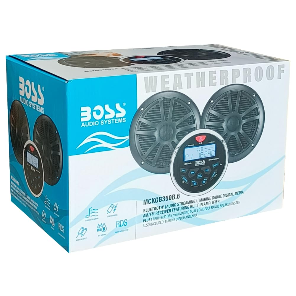 SET PER BOSS AUDIO SYSTEMS MCKGB350B.6 1 kit marino con stereo ricevitore AM/FM bluetooth waterproof, una coppia di altoparlanti MR6B 16,5 cm 90 watt rms 180 watt max, una dipole antenna, 1 kit