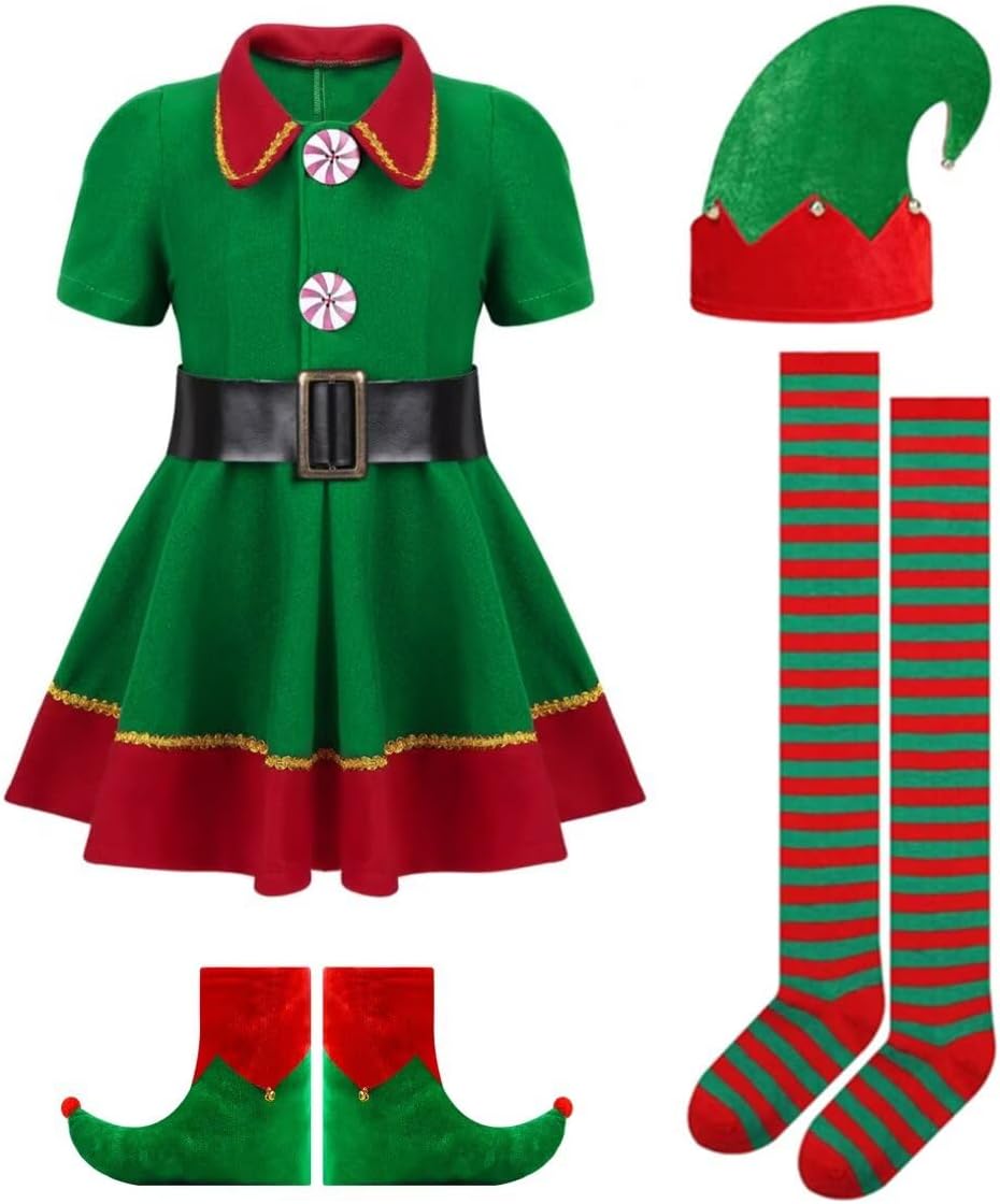 Elf Costume for Girls Christmas Holiday Dress Up Outfit Santa Little Helper Suit Hat Ear Belt Socks Cosplay Set