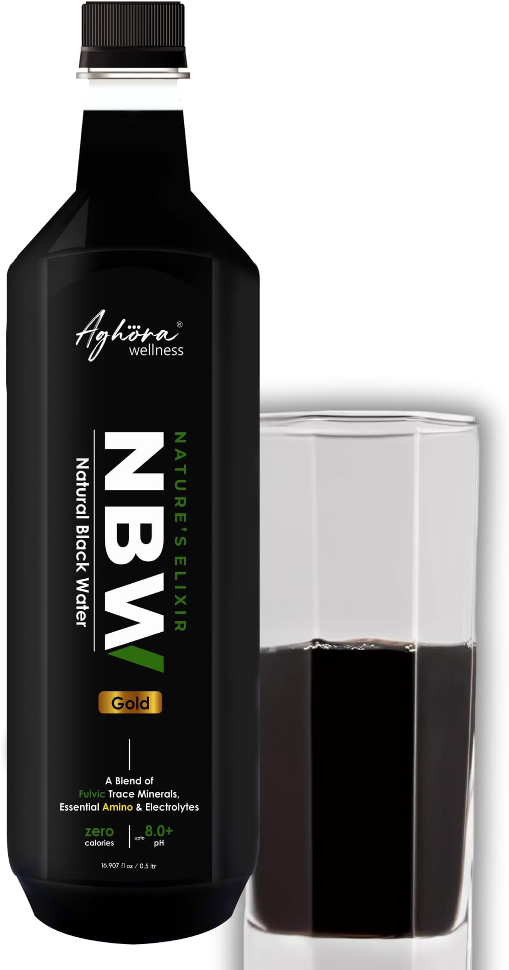 Aghora Black Alkaline Water natural, organic, vegan, gluten-free, non-GMO, and lactose-free attributes, has more than 77+ trace minerals, strong electrolytes (500mL Liquid Each) (Pack of 20)