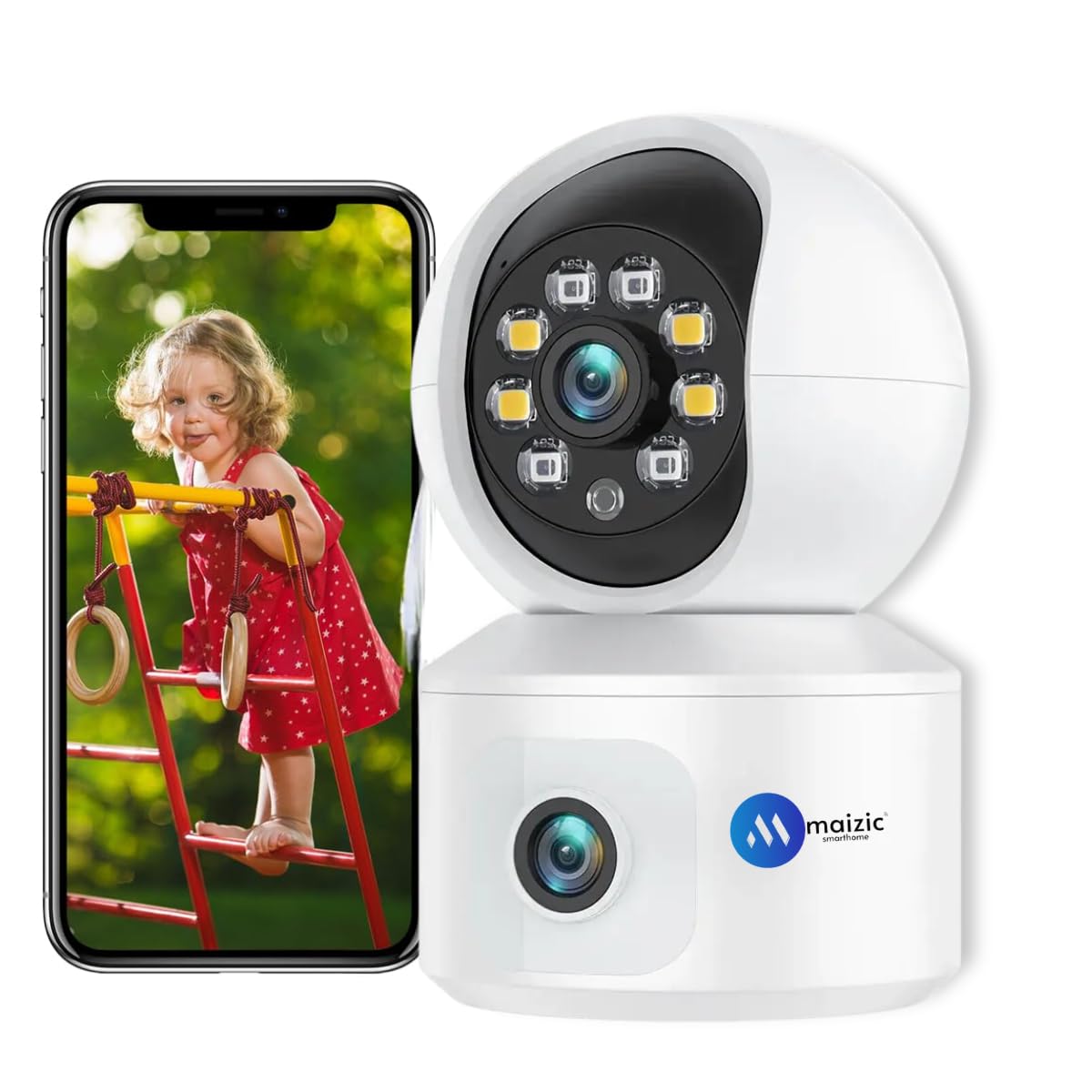 Maizic Smarthome 4G Sim Based Two Lens/Two Screen View Indoor CCTV Camera for Home Security | Color Night Vision, Up to 128GB SD Card Support, Motion Detection, 2Way Intercom, AI Human Detection