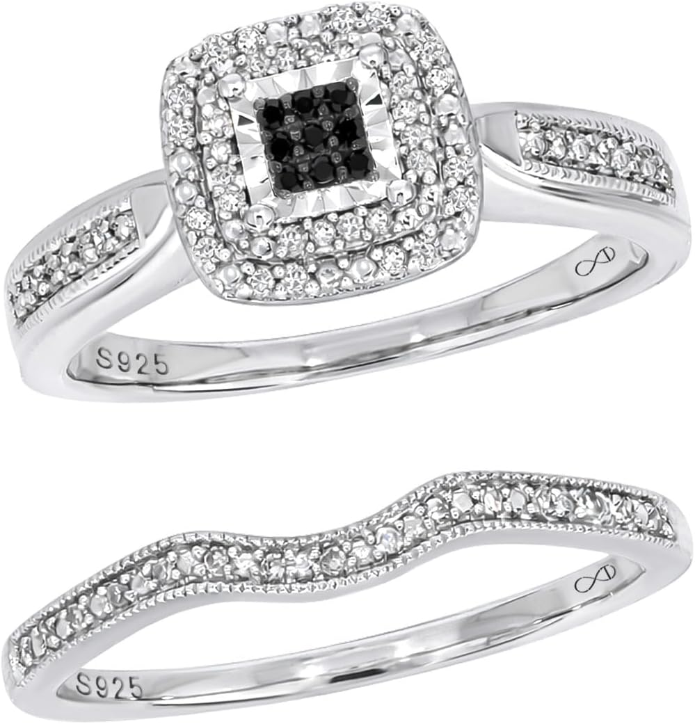 Cali Trove 1/5 CT Diamond Wedding Ring Set for Women in 925 Sterling Silver (Size-11.5) | Square Double Halo Engagement Ring with Matching Half Eternity Wedding Band (White) | Mother's Day Gifts