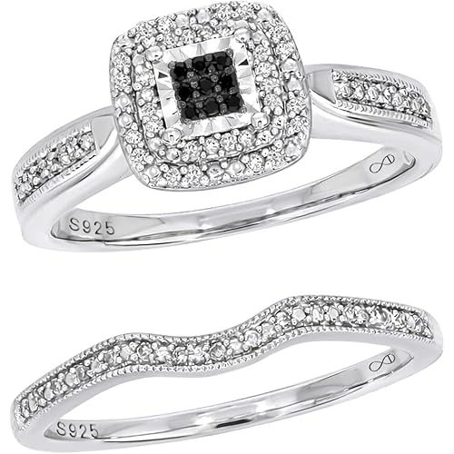 Cali Trove 1/5ct Natural Black & White Diamond Bridal Ring Set for Women | 925 Sterling Silver Square Halo Wedding & Engagement Ring | Diamond Promise Rings for Her in White Gold | Mother's Day Gifts