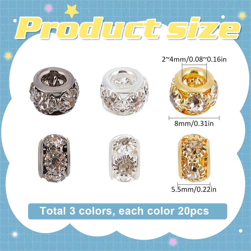 SUNNYCLUE 1 Box 60Pcs Rhinestone Spacer Beads Gold Rondelle Spacer Beads 8mm Bulk Brass Crystal Large Hole European Metal Silver Loose Spacers Beads for jewellery Making Bracelets Charms DIY Crafts - Image 2