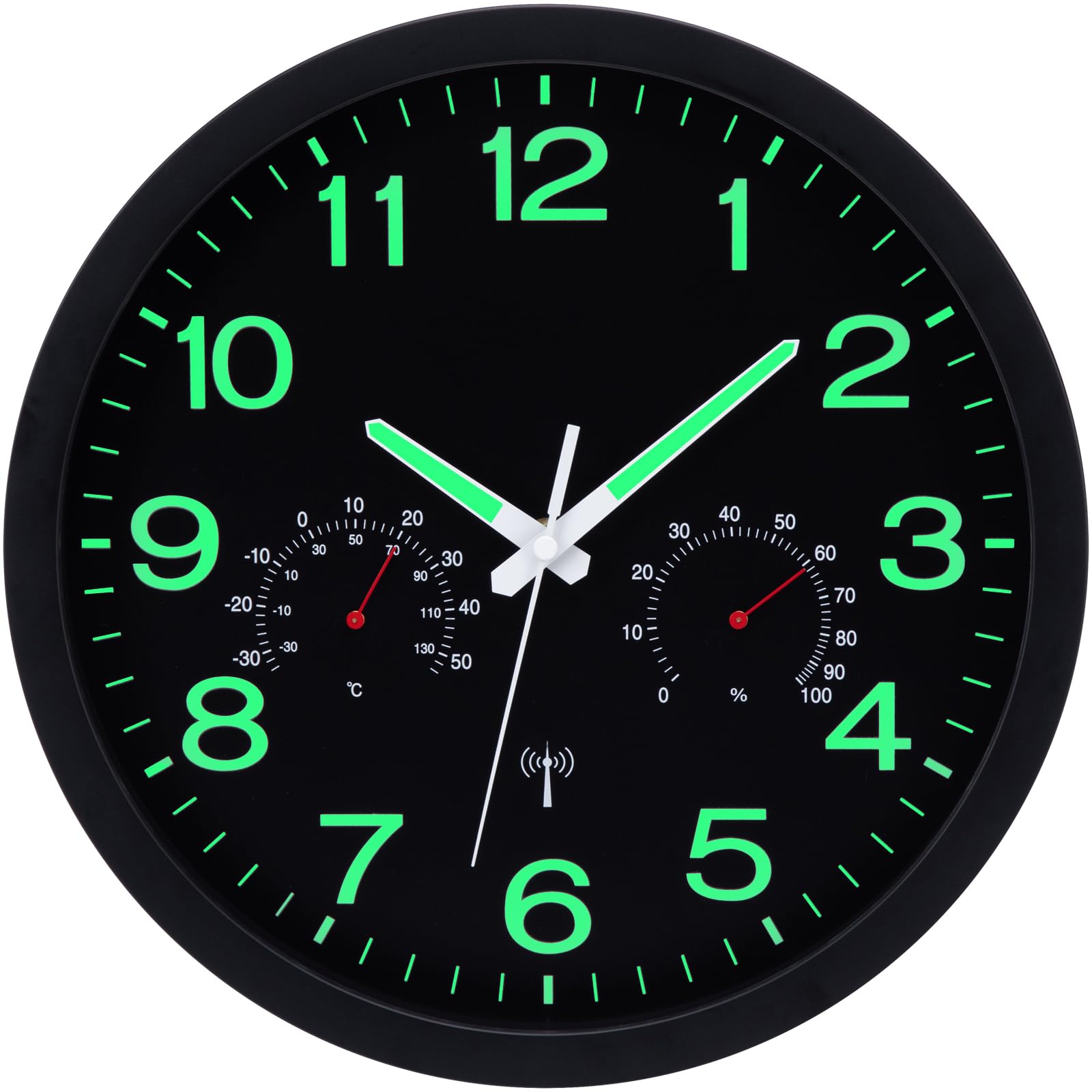 VIVILINEN Orologio da parete radio luminoso con indicatore di temperatura e umidità, orologio da parete senza rumore, moderno, per soggiorno, cucina, camera da letto, ufficio