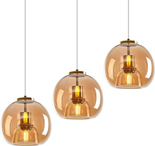 Miniatura 17 de Luces colgantes de vidrio rojo para isla de cocina, lámpara colgante dorada, lámpara colgante de globo de vidrio, iluminación colgante moderna para