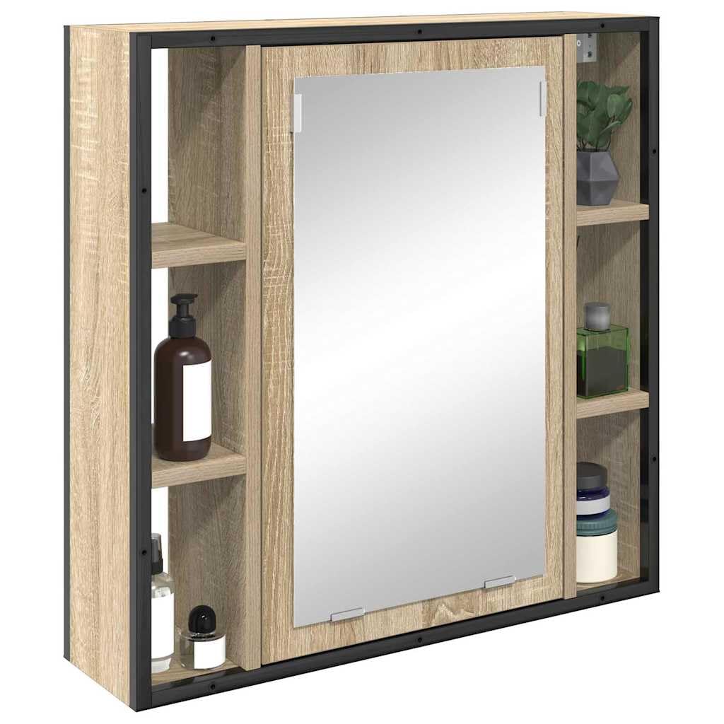 Armario con espejo de roble Sonoma, 60 x 16 x 60 cm, material de madera con espejo plano y 5 estantes, montaje en pared, espacio de almacenamiento para baño, lavadero, aseo de invitados
