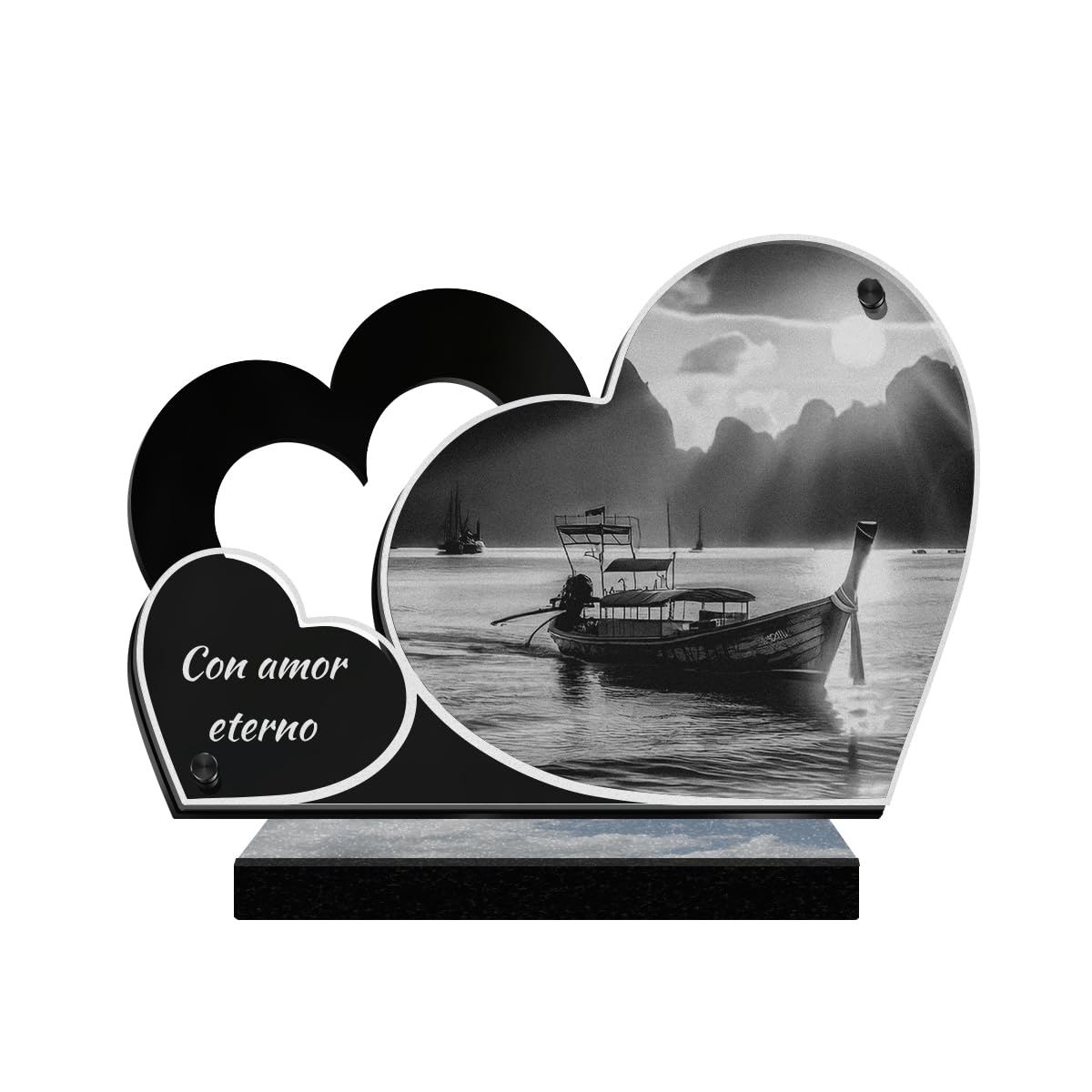 Eternel - Placa Funeraria Personalizada Doble Corazón - Barco, Mar, Marinero, Puerto - Texto Personalizable, Placa Funeraria Grabada Con Láser Para Homenaje, Placa Mortuoria, Tumba Ceremonia Funeraria