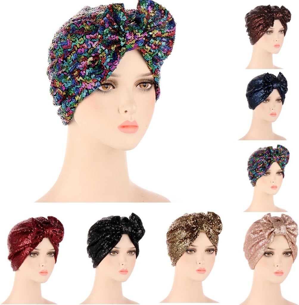 Pre Tied Turban Hats for Women - Knotted Solid Sequin Caps Chemo Beanies Headwrap Headwear for Cancer Daily Use - Image 3
