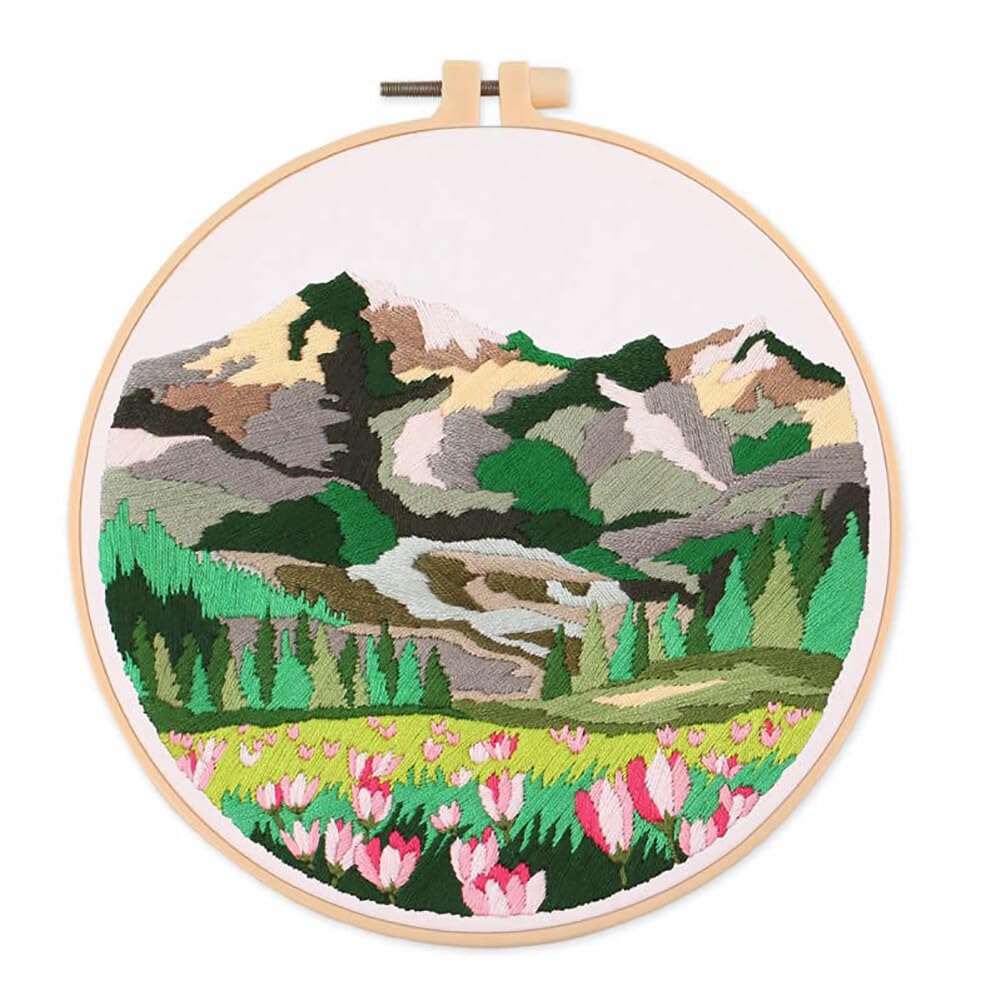 Kit Da Ricamo A Mano Per Principianti, Motivo Paesaggio Montano, Tela 30x30 Cm, Con Telaio 20 Cm, Fili, Aghi E Tutorial