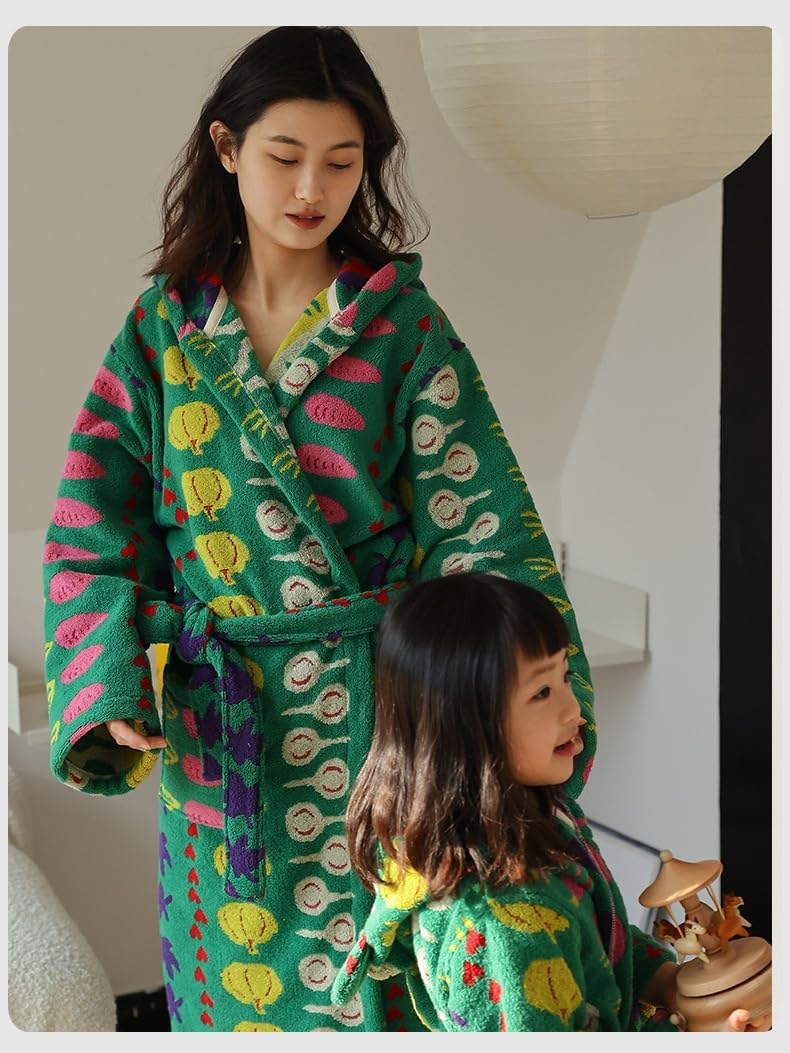 100% Cotton Unisex Teenagers Hooded Bathrobe with Vegetable Printing Soft Towel Robe Terry Robes for Boys and Girls