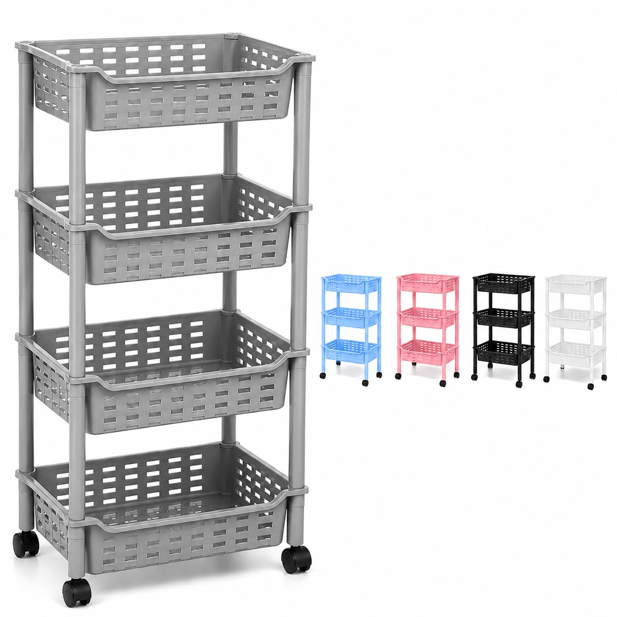 GREY 4 Tier Rolling Storage Trolley with Wheels, Mobile Plastic Basket Organiser Cart, Multipurpose Slim Shelving Unit for Kitchen, Bathroom, Bedroom, Office and Laundry Room, Multiple Colours