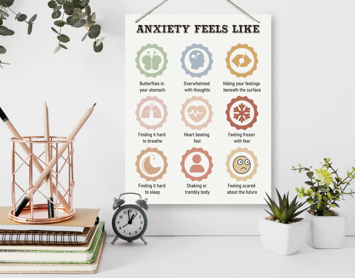 BQL Rustic Anxiety Therapy Office Wall Art, White, Framed with a Single Picture Frame, Watercolor, Cartoon, Indoor, Home Office 1