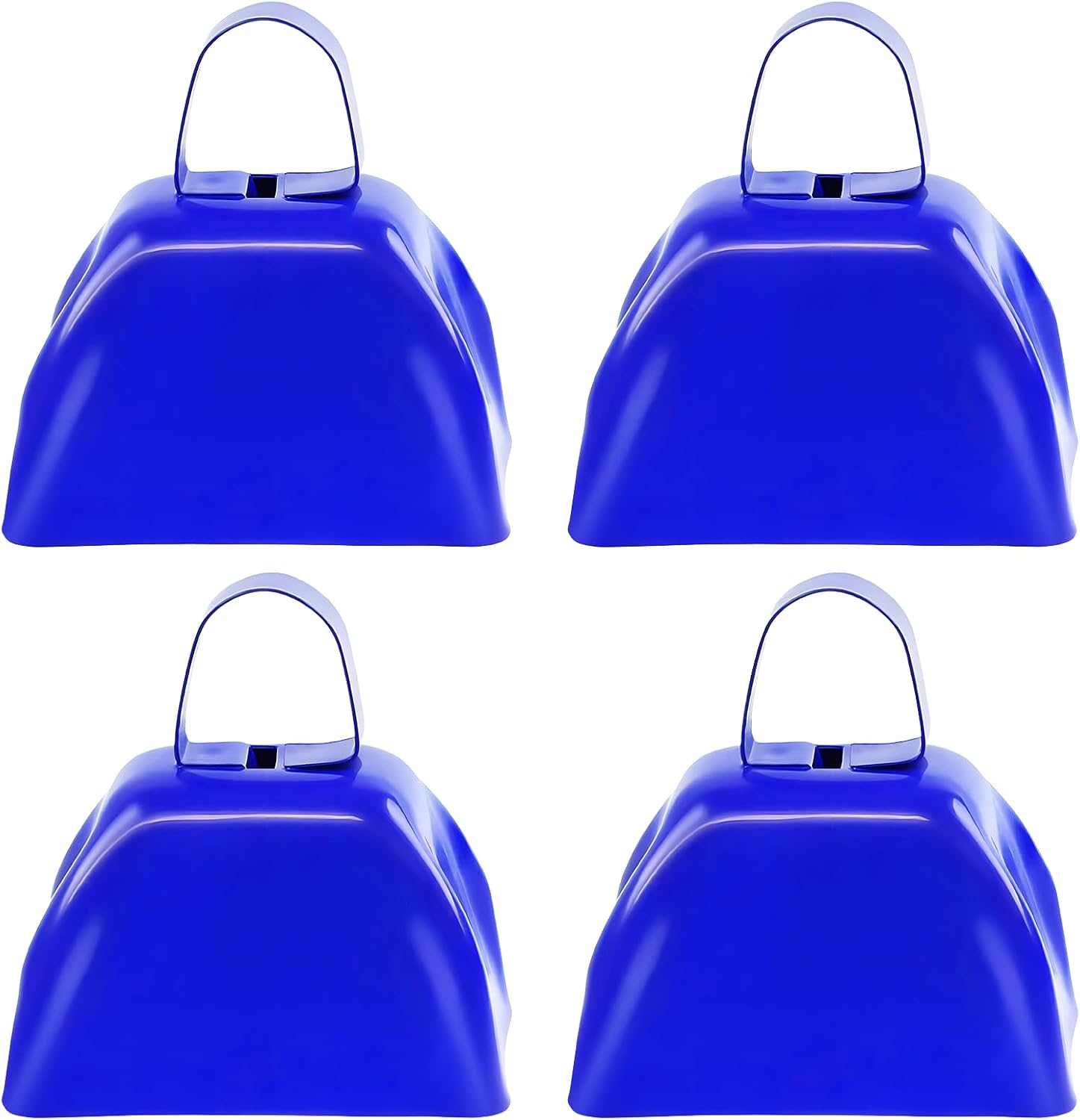 4PCS Metal Cow Bells Noisemakers, 3 Inch Loud Cow Bell Noise Makers for Sporting Events Party Favors with Handles, Great for Football Competitions, Sports Games, Celebration Parties (Blue)