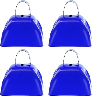 4PCS Metal Cow Bells Noisemakers, 3 Inch Loud Cow Bell Noise Makers for Sporting Events Party Favors with Handles, Great for Football Competitions, Sports Games, Celebration Parties (Blue)
