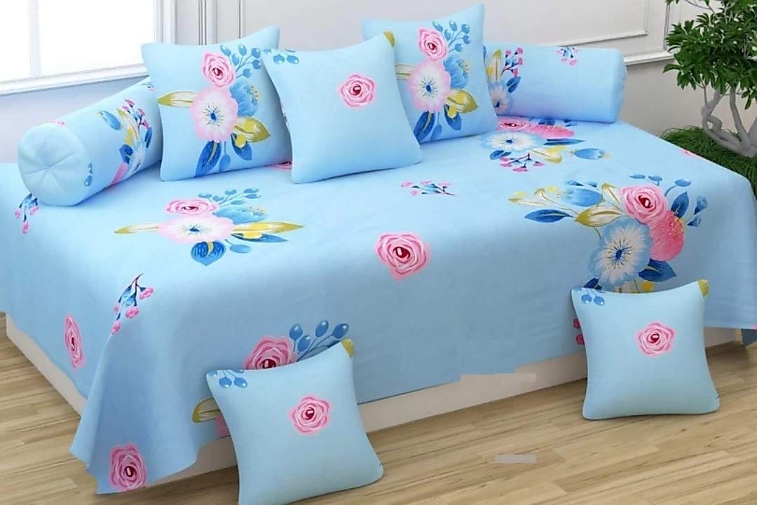 Diwan Cotton Single Bedsheet with Cushions for Living Room 5 and boosters 2 Pieces - Set of 8 Combo (Dominate Sky)(Design 033)-image-22