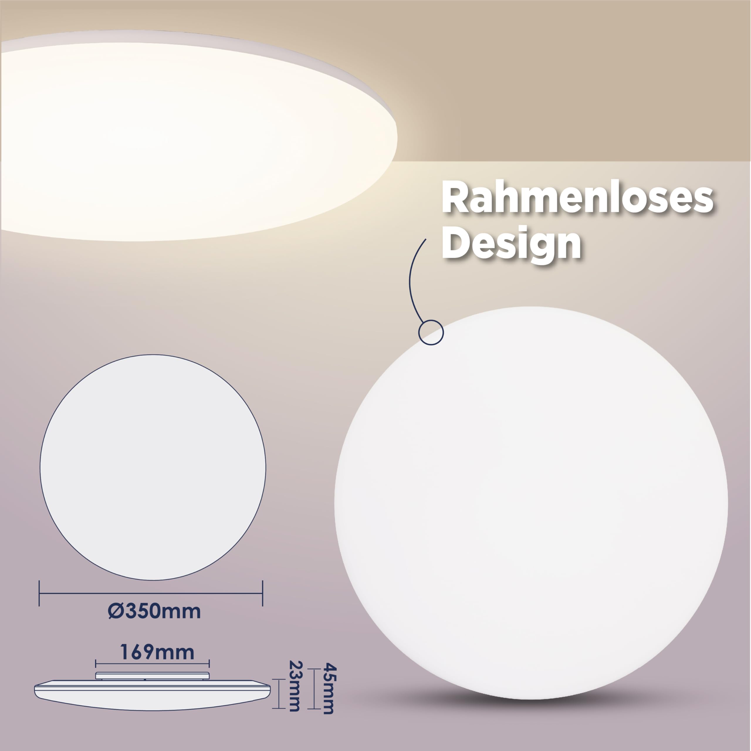 LED Deckenleuchte Φ35cm, IP54 Wasserfest, 195 lm/W 4450LM 24W 4000K Neutralweiß, Rahmenloses Design für Küche, Badezimmer, Wohnzimmer, Flur, Keller und Balkon (mit Energieklasse-B Lichtquelle)