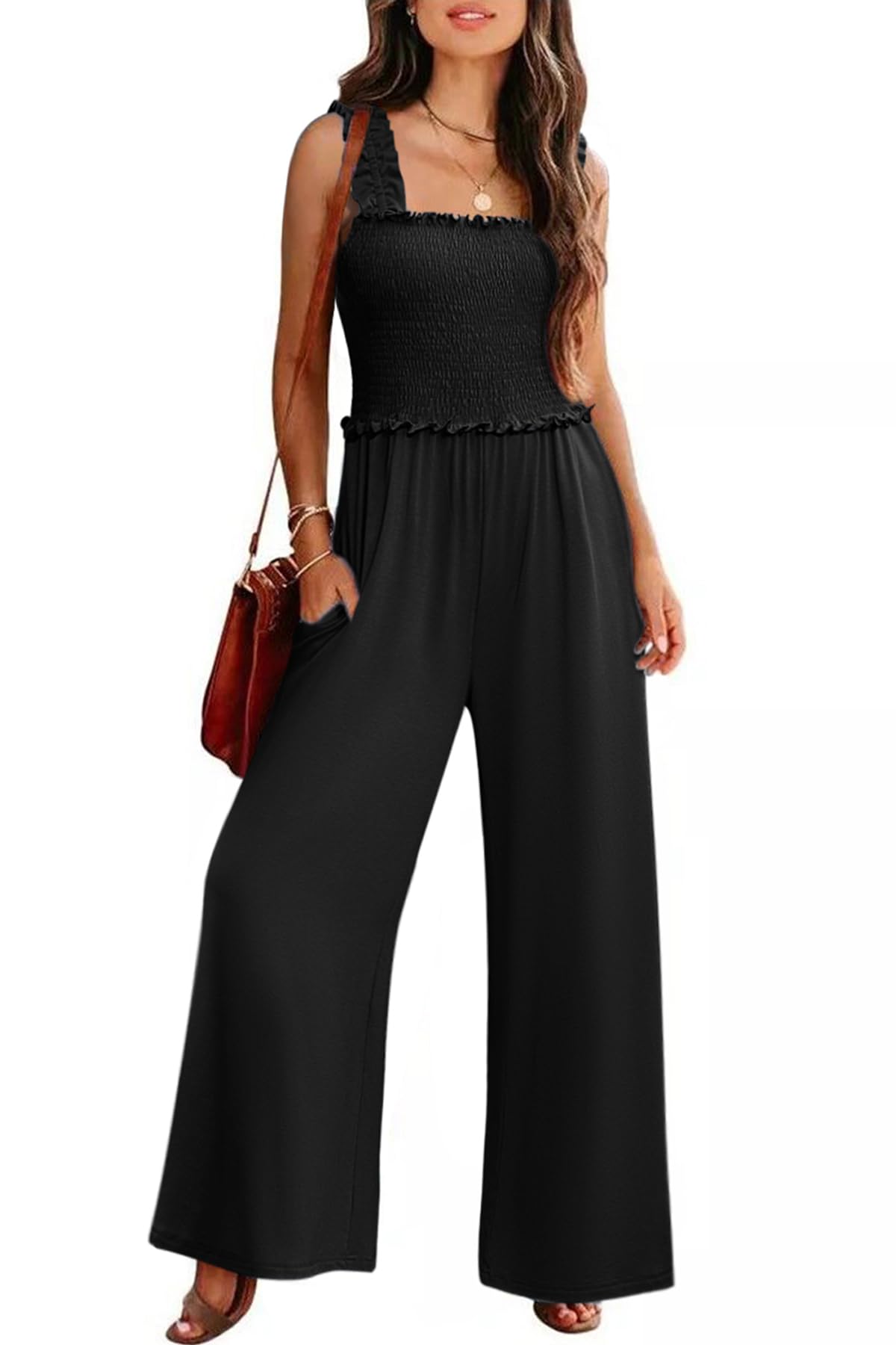 Condition photo showing New/Like New for Women's Smocked Jumpsuits Casual Loose Sleeveless Wide Leg Long Pant Rompers Dressy One Piece Beach Vacation Outfits