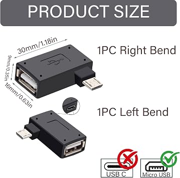 2Pcs Left and Right Micro USB OTG Adapters, 90-degree Host Adapter with Power Port, Compatible with Fire Stick, Rii, Nintendo, Logitech Keyboards, Smartphones and Tablets