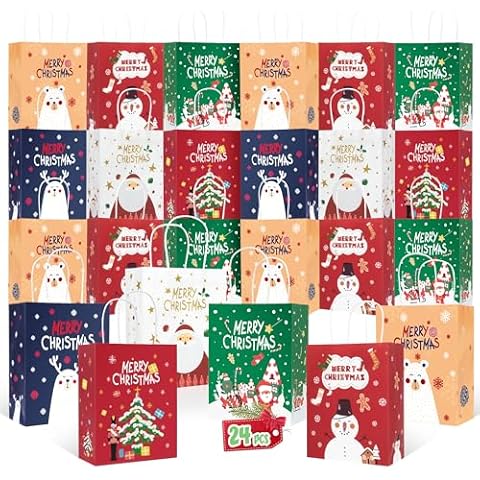 24PCS Christmas Gift bags Assorted Holiday Gift Bag -Great for Party Christmas Gift, 6 Styles Gift Bags with Handles, Holiday Present Wrap Decor(24 Large) Cover