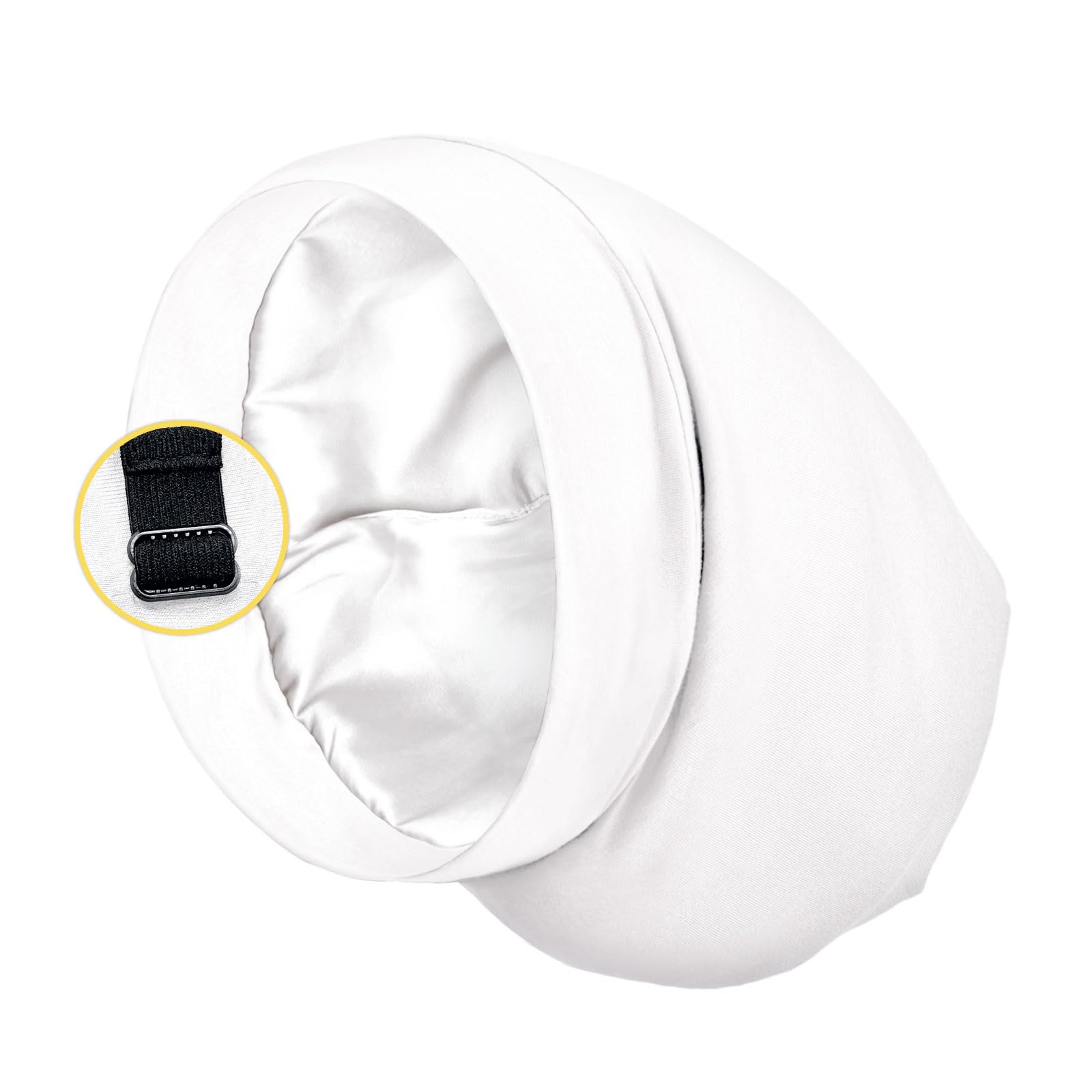Gorro de dormir con forro de satén para cabello rizado y trenzas, envoltura de cabello toda la noche con correa ajustable para mujeres y hombres, blanco, paquete de 1