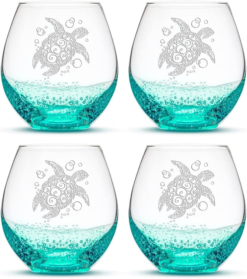 Integrity Bottles Tribal Sea Turtle Design, (Set of 4) Stemless Wine Glass, Handmade, Handblown, Hand Etched Gifts, Sand Carved, 18oz (Bubble Sea Foam Turquoise)