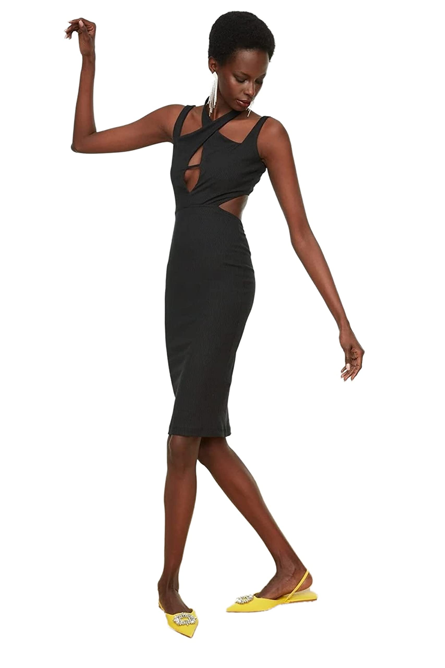 Trendyol Women's Midi Bodycon Regular Dress, Black, 38 UK