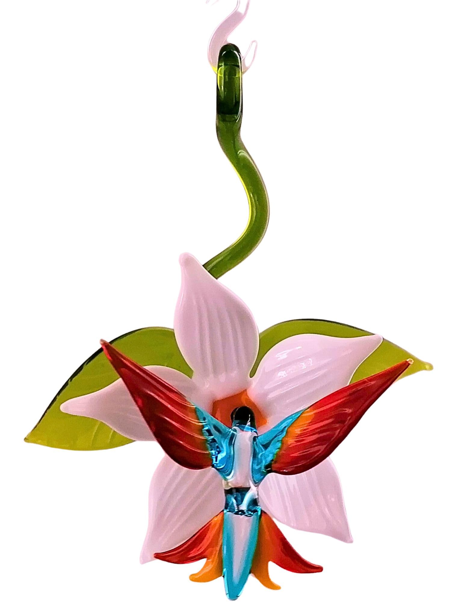 Hängevogel, Kolibri mit Blüte und Blatt (Blüte: weiß/Flügel: hellblau-gelb-rot)