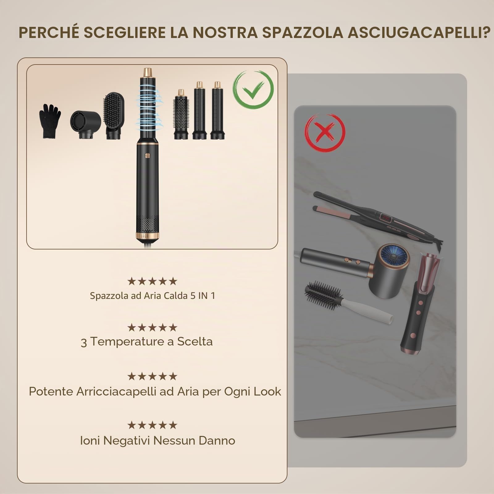 MogaWave Pro air styler 5 in 1 Hair Styler & Spazzola Asciugacapelli, phon arricciacapelli ad aria, asciugacapelli spazzola, spazzola aria calda, spazzola phon per capelli, senza danni da calore