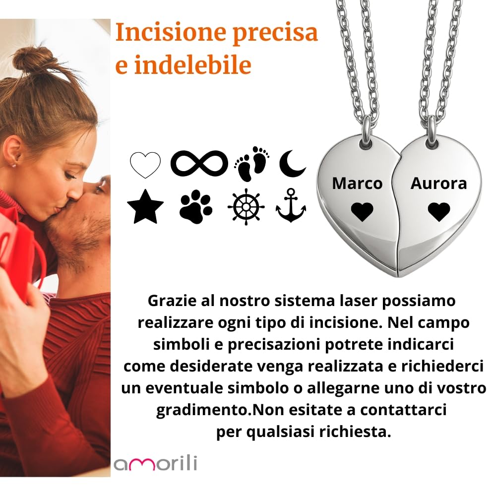 Collana Coppia Cuore che si Spezza Personalizzata in Acciaio Inox | Collane per Fidanzati Amore a Distanza | Cuore Diviso Personalizzabile Nome Data Incisione cll0972c