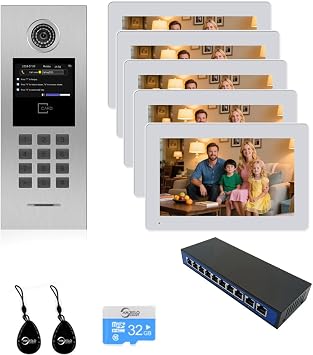 Video Intercom System 5/6/7/8 Unit Wired 7 Inch IP Video Intercom Phone for Apartment Building Security Home Access Control System with Digital Keypad and IC Card for 5 Family