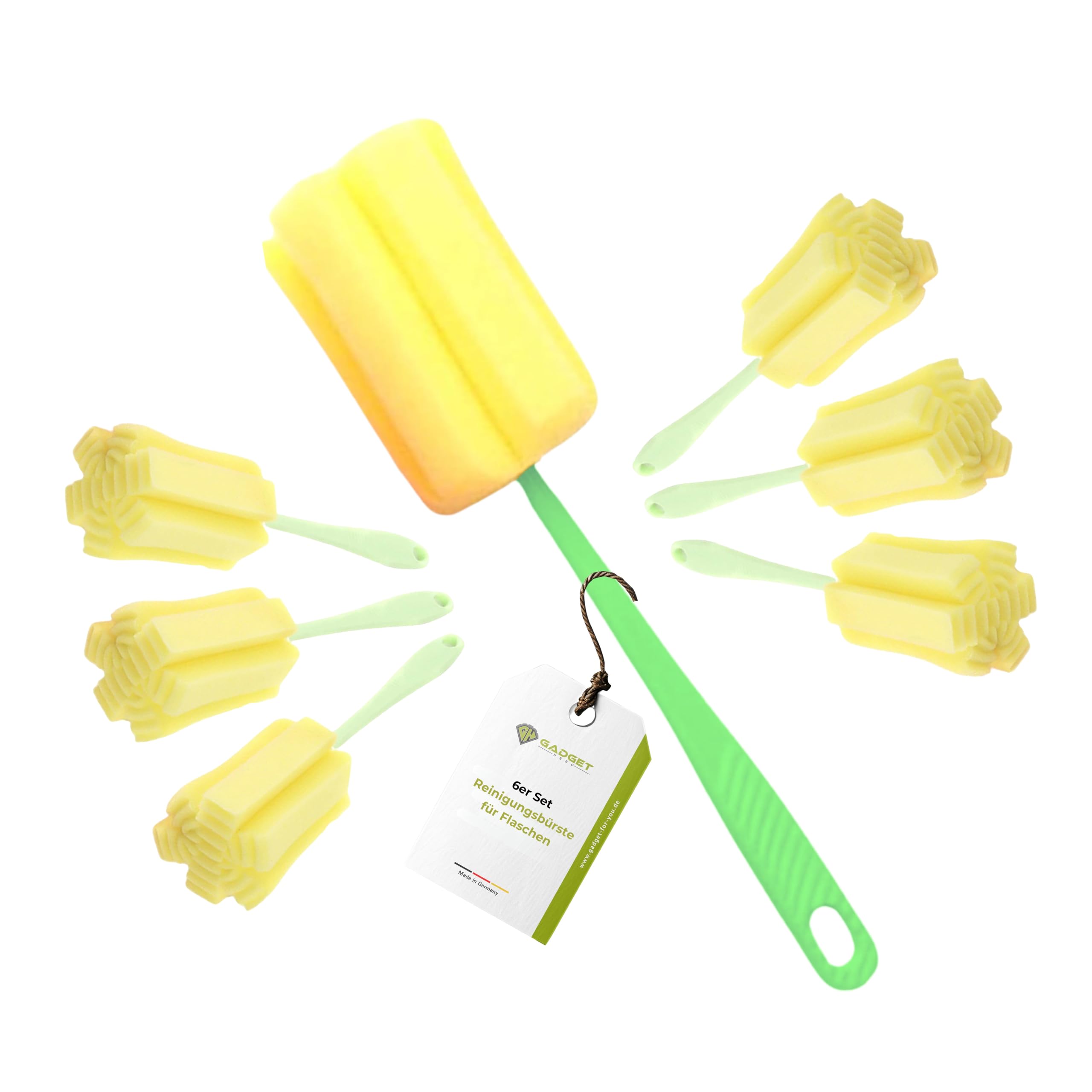 Gadget-Hero Reinigungsbürste für Flaschen 6er Set - Flaschenbürste Schwamm - Spülschwamm für Gläser - kratzfreier Flaschenreiniger mit langem Griff - Flaschenschwamm - Babyflaschen Reiniger