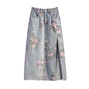 Amazon.com: Flowers Print Summer Long Denim Skirt Women High