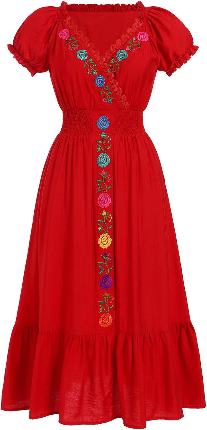 Women Mexican Dress Floral Embroidered Traditional Fiesta Dresses Summer V-Neck Short Sleeve Cinco De Mayo Outfits