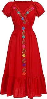 Women Mexican Dress Floral Embroidered Traditional Fiesta Dresses Summer V-Neck Short Sleeve Cinco De