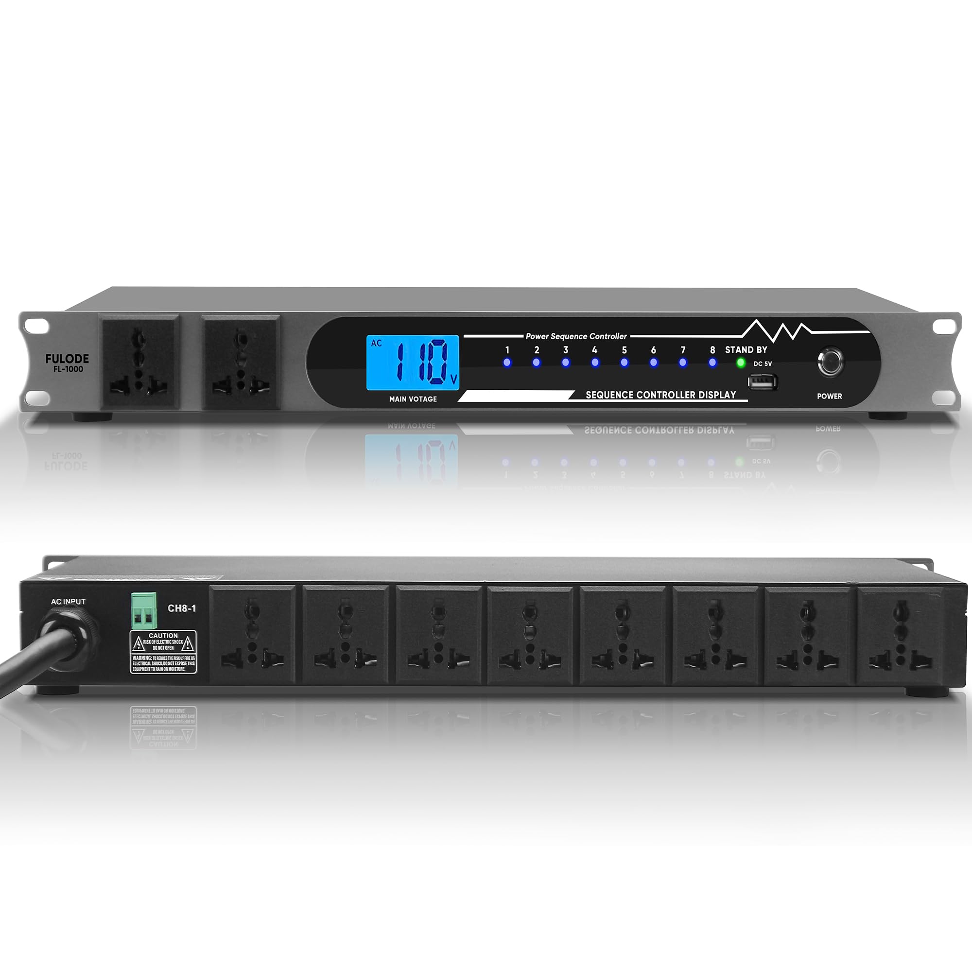 2000W 10 Socket Sequential Rack Professional Audio Power Conditioning ,Digital Voltmeter, USB, Surge Protector for Home Theater Stage/Studio (FL-1000).