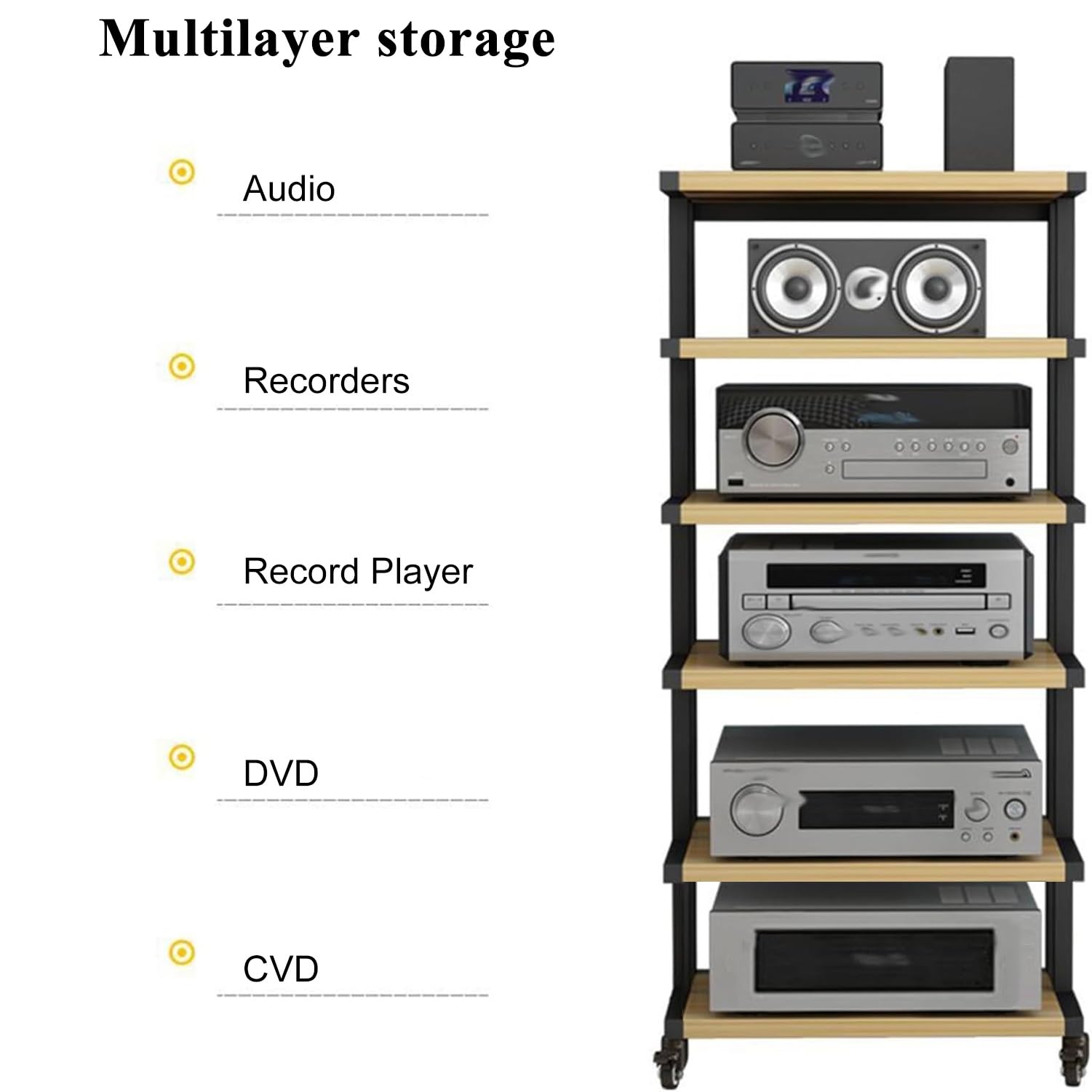 6-poziomowy, wytrzymały stojak na sprzęt audiowizualny, wysokość 116 cm – przenośny regał HiFi, szafka stereo do salonu, pokoju gier, studia muzycznego (biały + beżowy) (biały + beżowy, 60 x 40 x