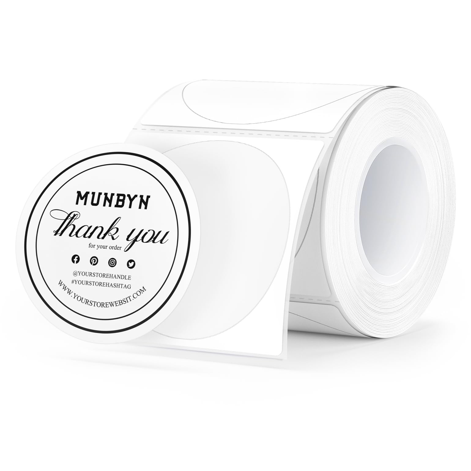 MUNBYN Confezione da 150 etichette termiche rotonde bianche, etichette autoadesive rotonde da 2 x 2 pollici, etichette per spedizioni resistenti a graffi, acqua, sporco, polvere e grasso.